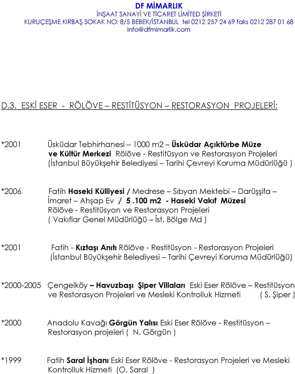 100 m2 - Haseki Vakıf Müzesi Rölöve - Restitüsyon ve Restorasyon Projeleri ( Vakıflar Genel Müdürlüğü İst.