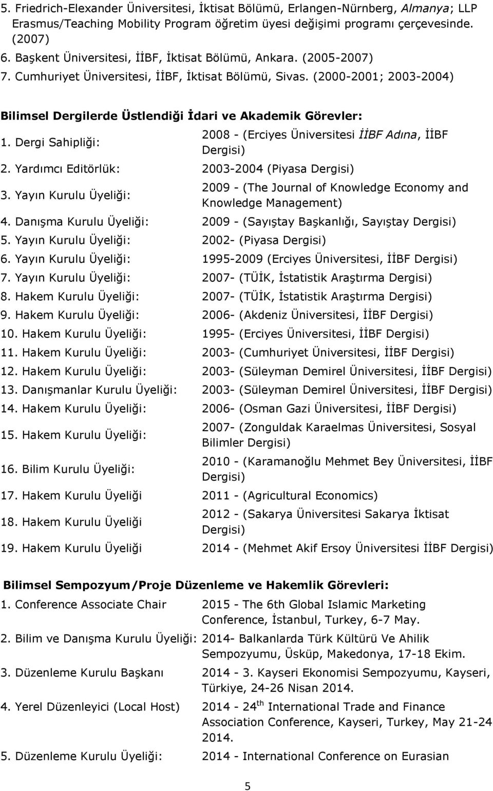 (2000-2001; 2003-2004) Bilimsel Dergilerde Üstlendiği İdari ve Akademik Görevler: 1. Dergi Sahipliği: 2008 - (Erciyes Üniversitesi İİBF Adına, İİBF Dergisi) 2.