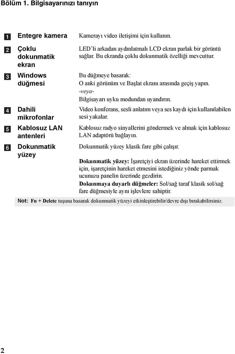 Bu ekranda çoklu dokunmatik özelliği mevcuttur. Bu düğmeye basarak: O anki görünüm ve Başlat ekranı arasında geçiş yapın. -veya- Bilgisayarı uyku modundan uyandırın.