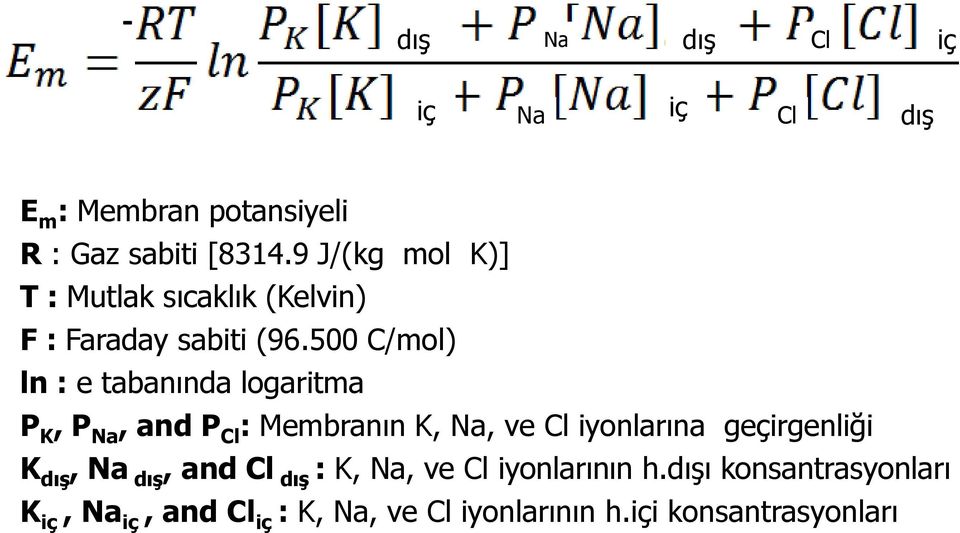 500 C/mol) ln : e tabanında logaritma P K, P Na, and P Cl : Membranın K, Na, ve Cl iyonlarına