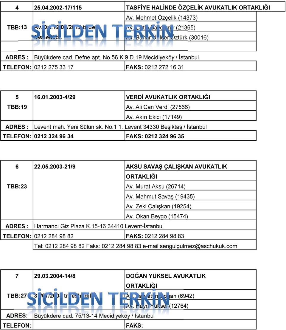 Yeni Sülün sk. No.1 1. Levent 34330 Beşiktaş / İstanbul TELEFON: 0212 324 96 34 FAKS: 0212 324 96 35 6 22.05.2003-21/9 AKSU SAVAŞ ÇALIŞKAN AVUKATLIK TBB:23 Av. Murat Aksu (26714) Av.