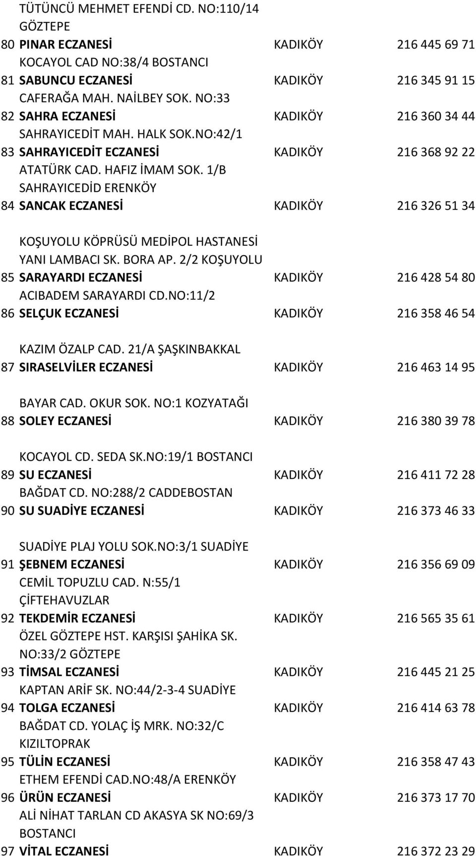 1/B SAHRAYICEDİD ERENKÖY 84 SANCAK ECZANESİ KADIKÖY 2163265134 KOŞUYOLU KÖPRÜSÜ MEDİPOL HASTANESİ YANI LAMBACI SK. BORA AP. 2/2 KOŞUYOLU 85 SARAYARDI ECZANESİ KADIKÖY 2164285480 ACIBADEM SARAYARDI CD.