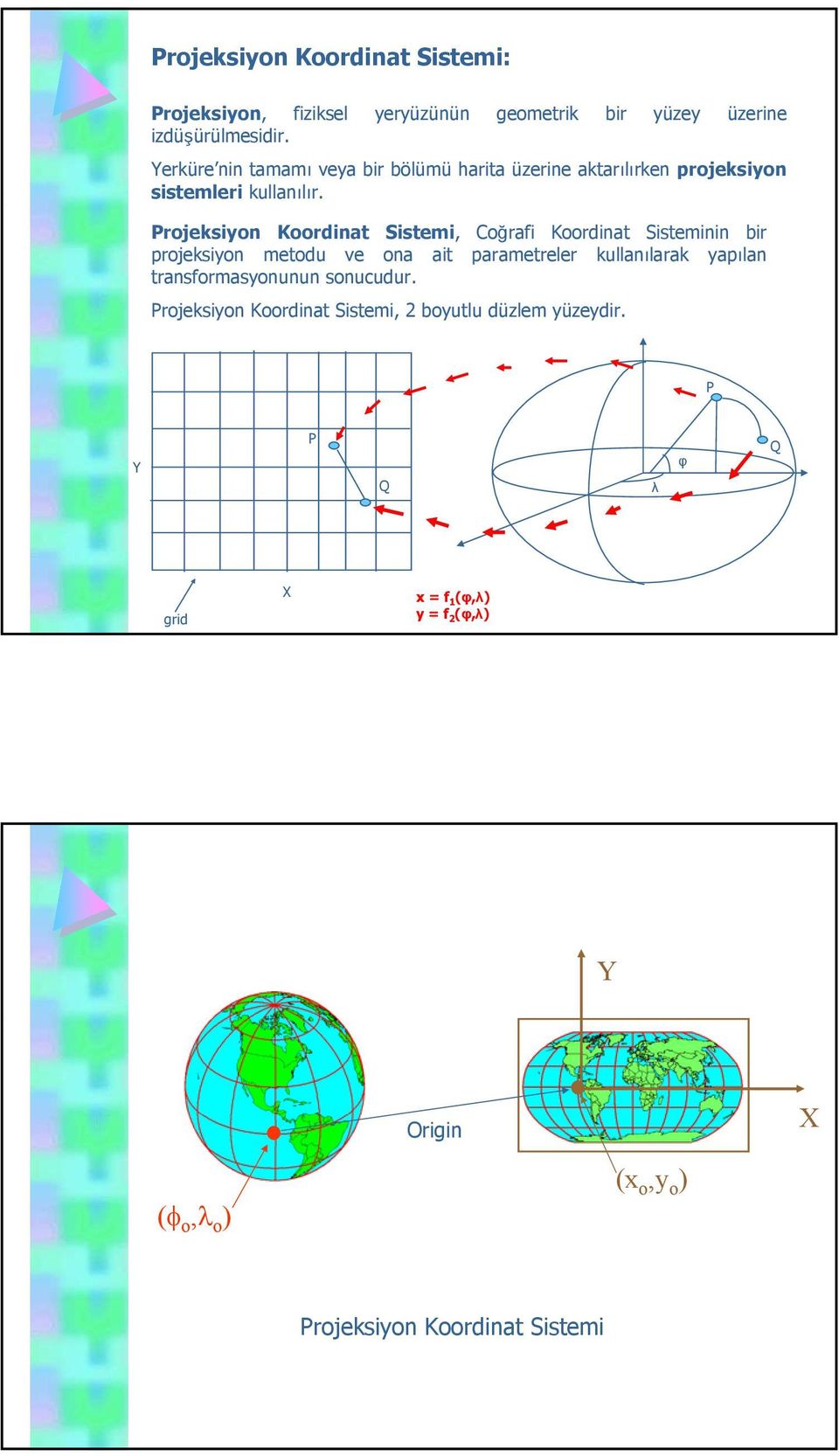 Projeksiyon Koordinat Sistemi, Coğrafi Koordinat Sisteminin bir projeksiyon metodu ve ona ait parametreler kullanılarak yapılan