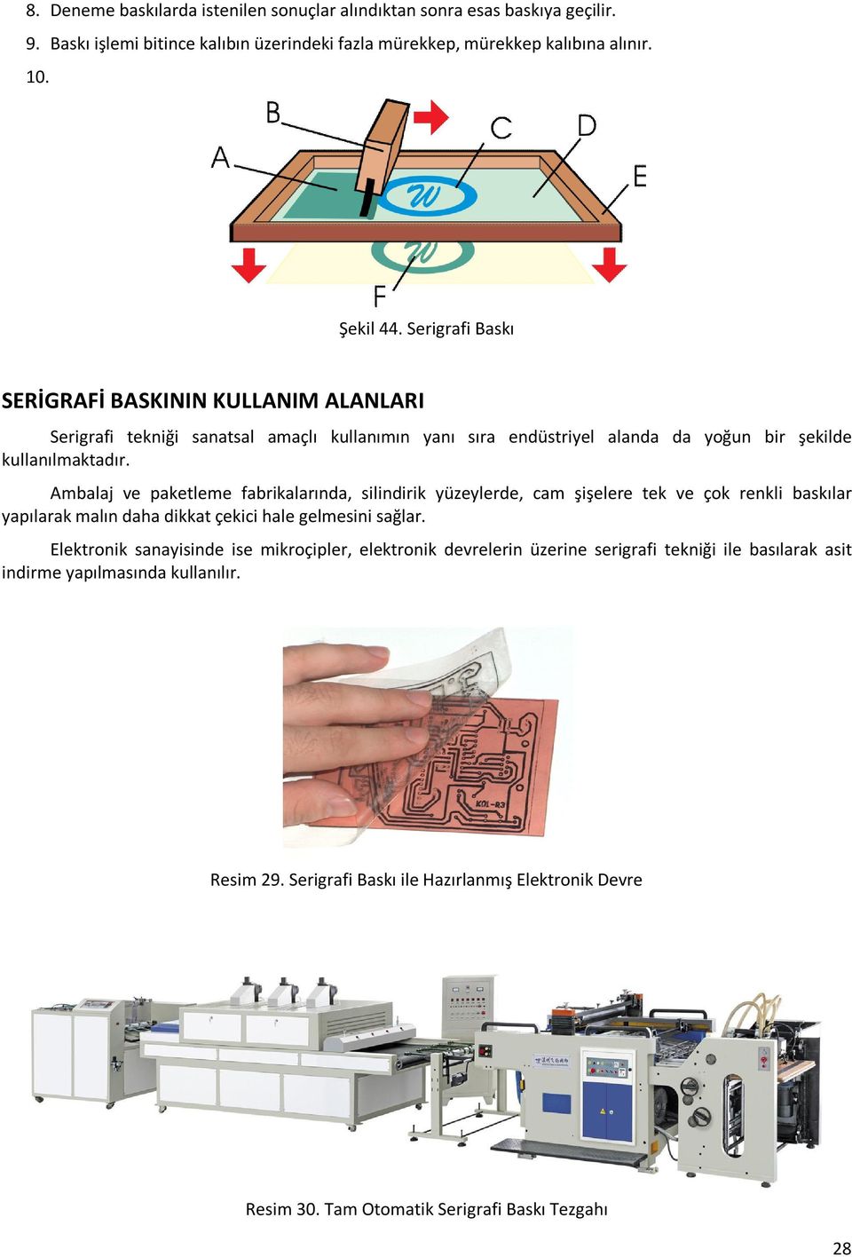 Ambalaj ve paketleme fabrikalarında, silindirik yüzeylerde, cam şişelere tek ve çok renkli baskılar yapılarak malın daha dikkat çekici hale gelmesini sağlar.