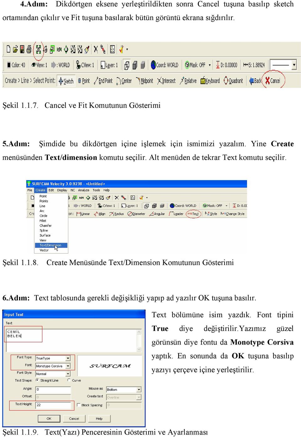 Alt menüden de tekrar Text komutu seçilir. Şekil 1.1.8. Create Menüsünde Text/Dimension Komutunun Gösterimi 6.Adım: Text tablosunda gerekli değişikliği yapıp ad yazılır OK tuşuna basılır.