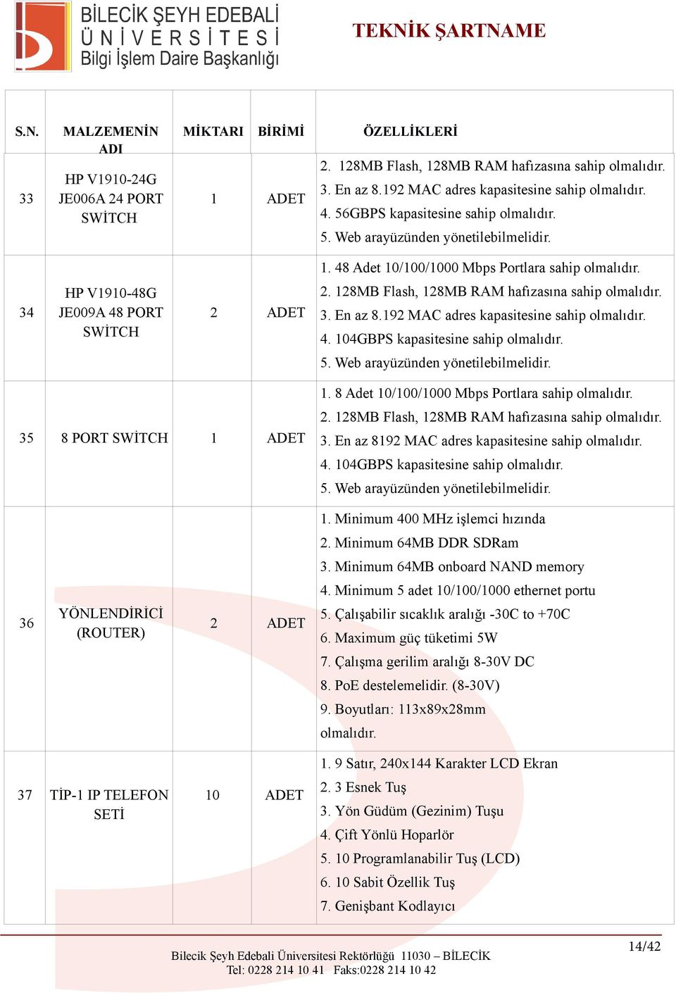 En az 8.192 MAC adres kapasitesine sahip 4. 104GBPS kapasitesine sahip 5. Web arayüzünden yönetilebilmelidir. 35 8 PORT SWİTCH 1 ADET 1. 8 Adet 10/100/1000 Mbps Portlara sahip 2.