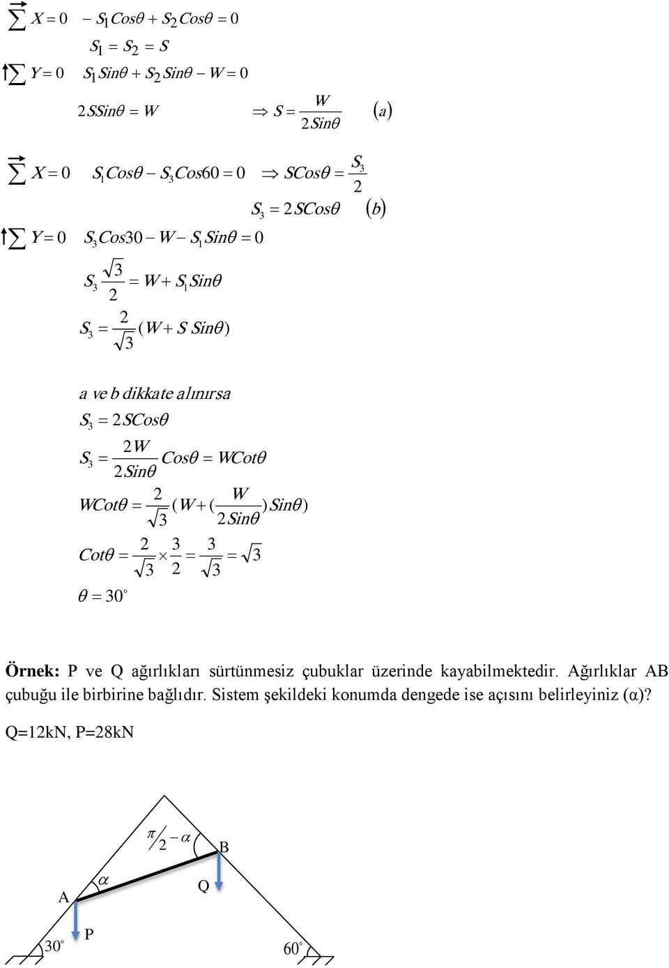 S os Y b Sos S S Sos S os S os X Örnek: P ve ağırlıkları sürtünmesiz çubuklar üzerinde kayabilmektedir.