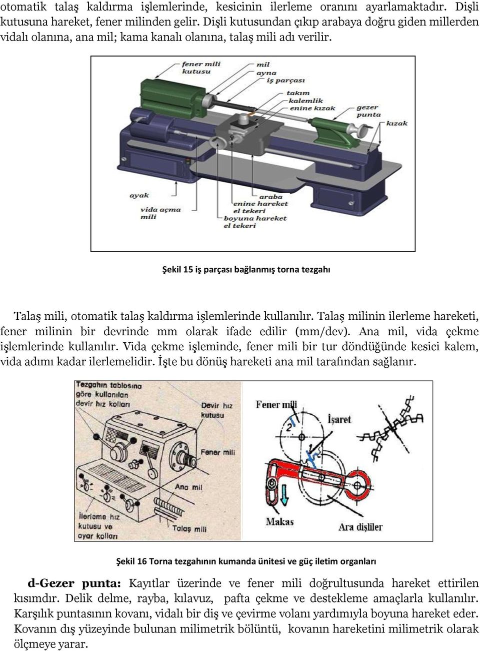 Şekil 15 iş parçası bağlanmış torna tezgahı Talaş mili, otomatik talaş kaldırma işlemlerinde kullanılır. Talaş milinin ilerleme hareketi, fener milinin bir devrinde mm olarak ifade edilir (mm/dev).