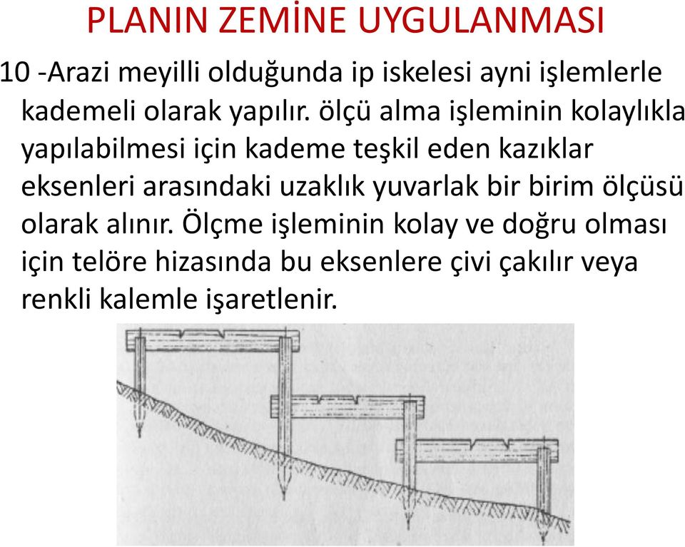 ölçü alma işleminin kolaylıkla yapılabilmesi için kademe teşkil eden kazıklar eksenleri