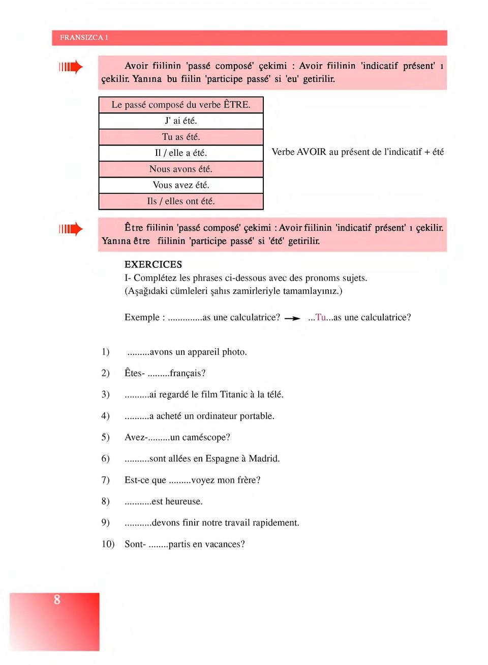 ıı* E tre fiilinin 'passe compose' çekimi : Avoir fiilinin 'indicatif present' ı çekilir. Y anına etre fiilinin 'participe passe' si 'ete' getirilir.