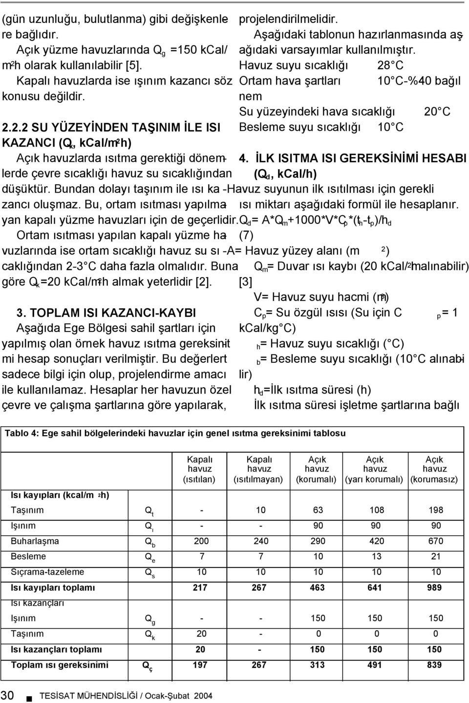 2.2 SU YÜZEYĐNDEN TAŞINIM ĐLE ISI KAZANCI (Q k, kcal/m 2 h) Açık havuzlarda ısıtma gerektiği dönemlerde çevre sıcaklığı havuz su sıcaklığından (Q d, kcal/h) 4.