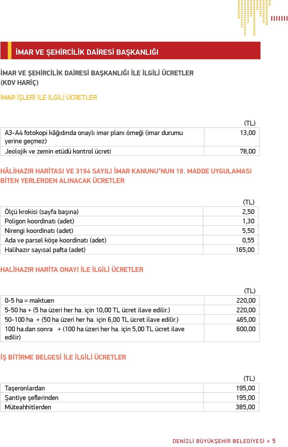 MADDE UYGULAMASI BİTEN YERLERDEN ALINACAK ÜCRETLER Ölçü krokisi (sayfa başına) 2,50 Poligon koordinatı (adet) 1,30 Nirengi koordinatı (adet) 5,50 Ada ve parsel köşe koordinatı (adet) 0,55 Halihazır