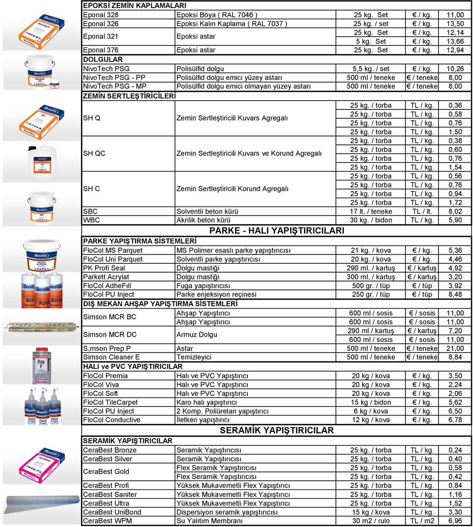 / set 10,26 NivoTech PSG - PP Polisülfid dolgu emici yüzey astarı 500 ml / teneke / teneke 8,00 NivoTech PSG - MP Polisülfid dolgu emici olmayan yüzey astarı 500 ml / teneke / teneke 8,00 ZEMİN