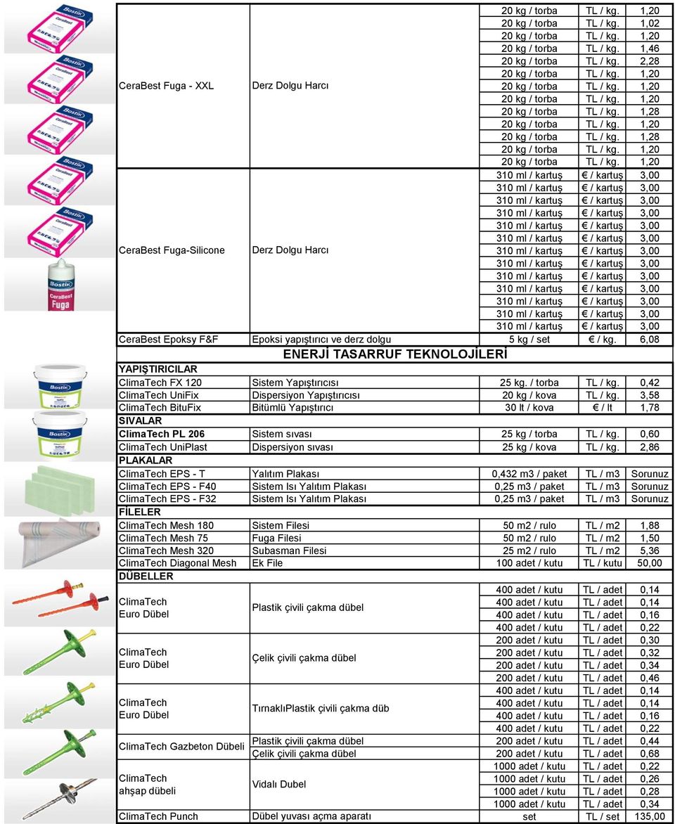 0,42 ClimaTech UniFix Dispersiyon YapıĢtırıcısı 20 kg / kova TL / kg. 3,58 ClimaTech BituFix Bitümlü YapıĢtırıcı 30 lt / kova / lt 1,78 SIVALAR ClimaTech PL 206 Sistem sıvası 25 kg / torba TL / kg.