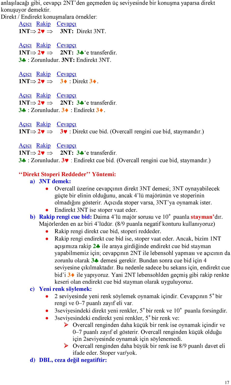 Açıcı Rakip Cevapçı 1NT 2 3 : Direkt cue bid. (Overcall rengini cue bid, staymandır.) Açıcı Rakip Cevapçı 1NT 2 2NT: 3 e transferdir. 3 : Zorunludur. 3 : Endirekt cue bid.