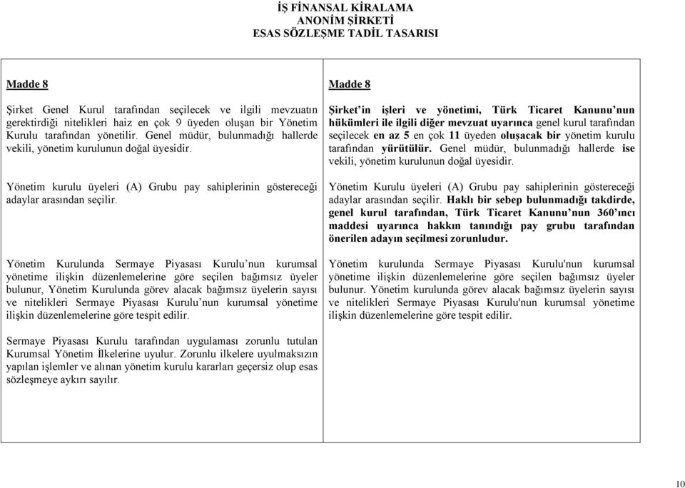 Yönetim Kurulunda Sermaye Piyasası Kurulu nun kurumsal yönetime ilişkin düzenlemelerine göre seçilen bağımsız üyeler bulunur, Yönetim Kurulunda görev alacak bağımsız üyelerin sayısı ve nitelikleri