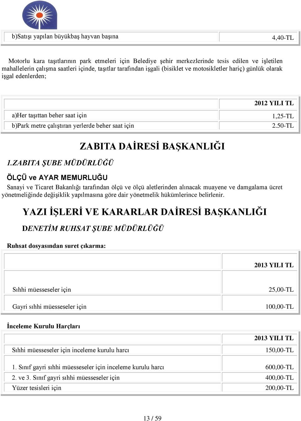 ZABITA ŞUBE MÜDÜRLÜĞÜ ZABITA DAİRESİ BAŞKANLIĞI ÖLÇÜ ve AYAR MEMURLUĞU Sanayi ve Ticaret Bakanlığı tarafından ölçü ve ölçü aletlerinden alınacak muayene ve damgalama ücret yönetmeliğinde değişiklik