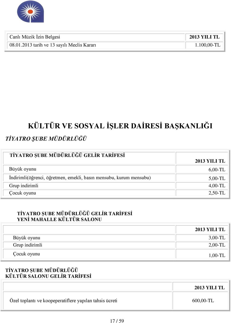 öğretmen, emekli, basın mensubu, kurum mensubu) Grup indirimli Çocuk oyunu 6,00-TL 5,00-TL 4,00-TL 2,50-TL TİYATRO ŞUBE MÜDÜRLÜĞÜ GELİR