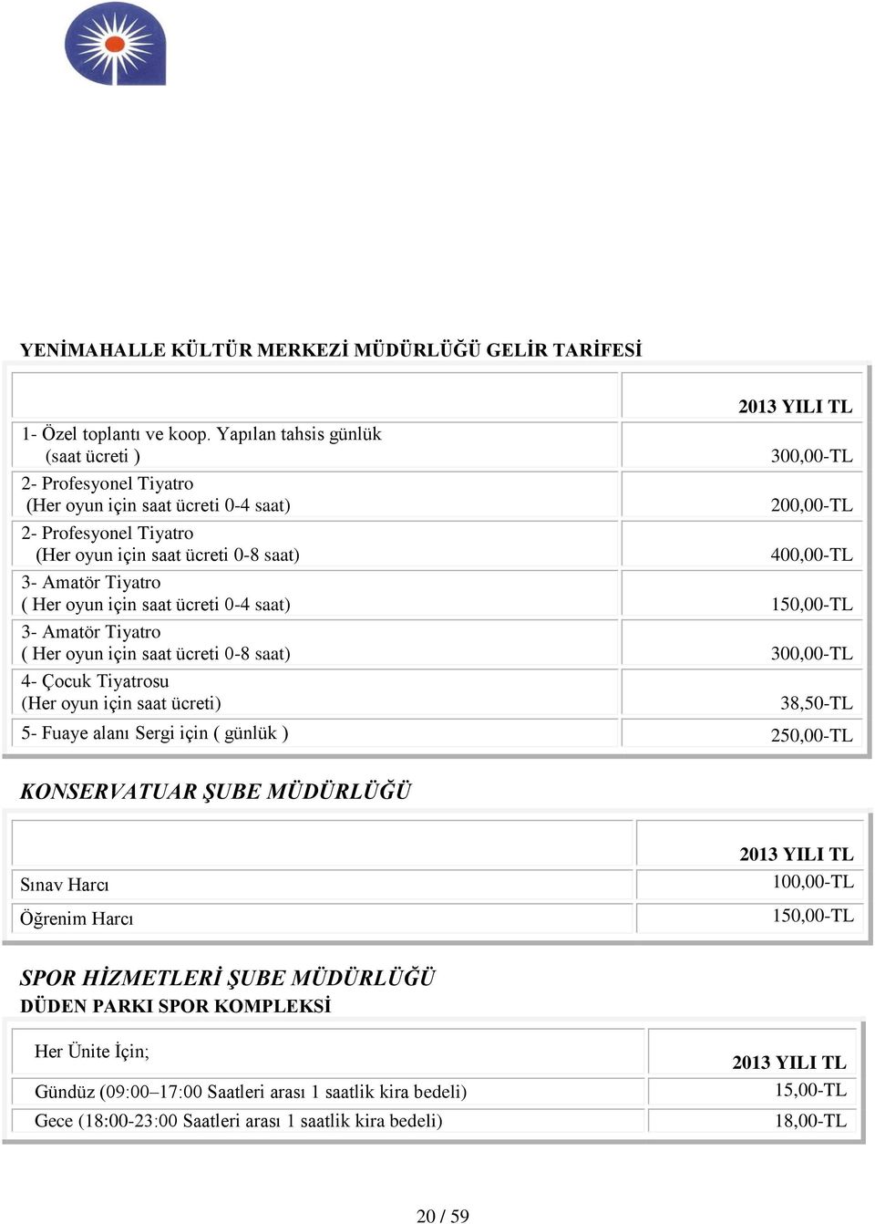 Tiyatro ( Her oyun için saat ücreti 0-4 saat) 150,00-TL 3- Amatör Tiyatro ( Her oyun için saat ücreti 0-8 saat) 300,00-TL 4- Çocuk Tiyatrosu (Her oyun için saat ücreti) 38,50-TL 5- Fuaye alanı