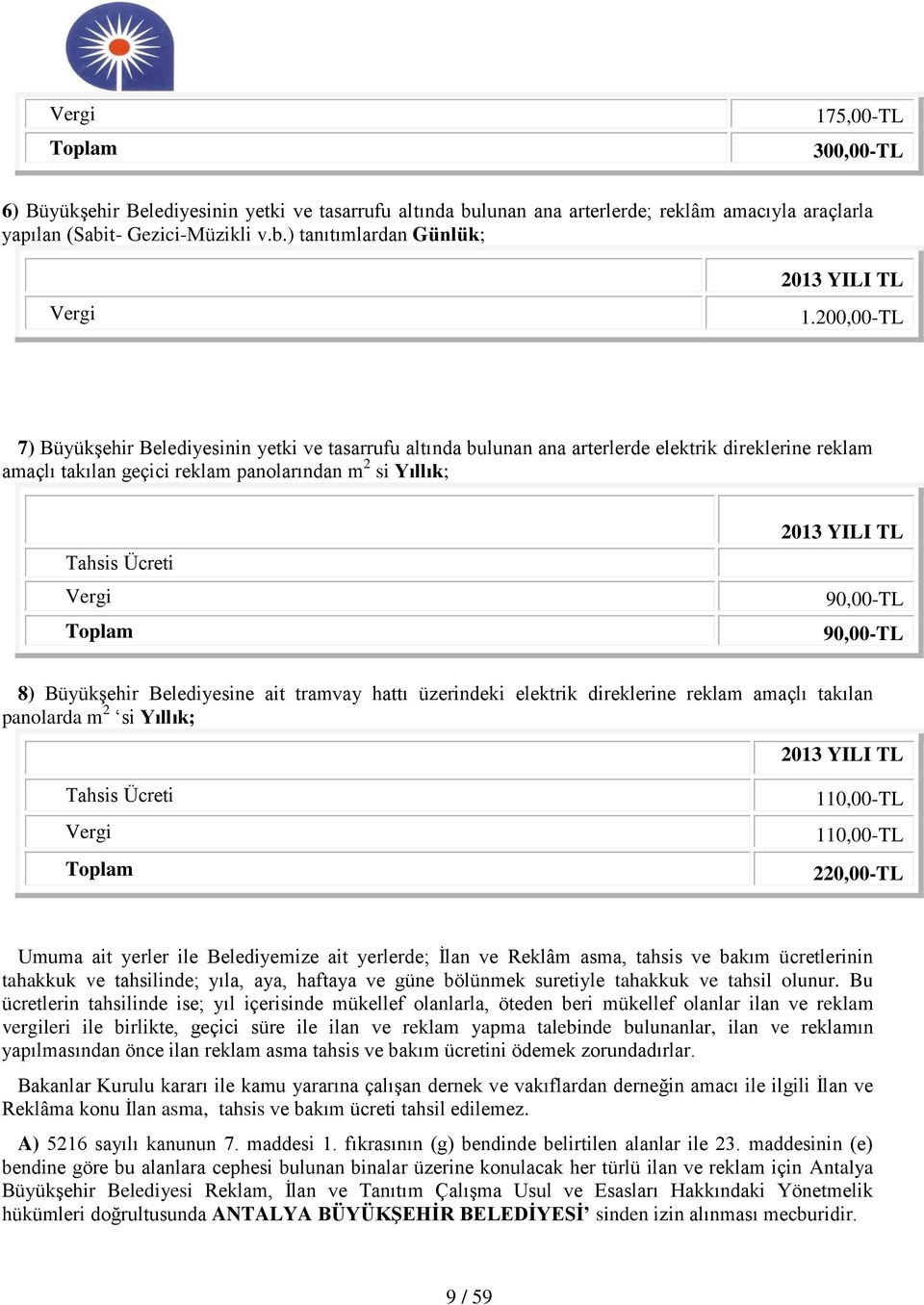 90,00-TL 90,00-TL 8) Büyükşehir Belediyesine ait tramvay hattı üzerindeki elektrik direklerine reklam amaçlı takılan panolarda m 2 si Yıllık; Tahsis Ücreti Vergi Toplam 110,00-TL 110,00-TL 220,00-TL