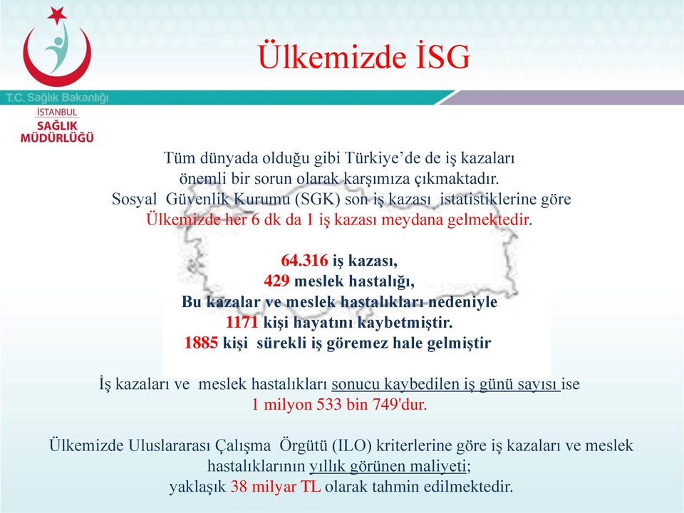 316 iş kazası, 429 meslek hastalığı, Bu kazalar ve meslek hastalıkları nedeniyle 1171 kişi hayatını kaybetmiştir. 1885 kişi sürekli iş göremez hale gelmiştir.