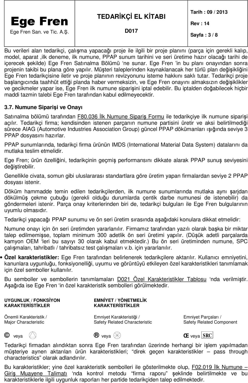 Müşteri taleplerinden kaynaklanacak her türlü plan değişikliğini Ege Fren tedarikçisine iletir ve proje planının revizyonunu isteme hakkını saklı tutar.