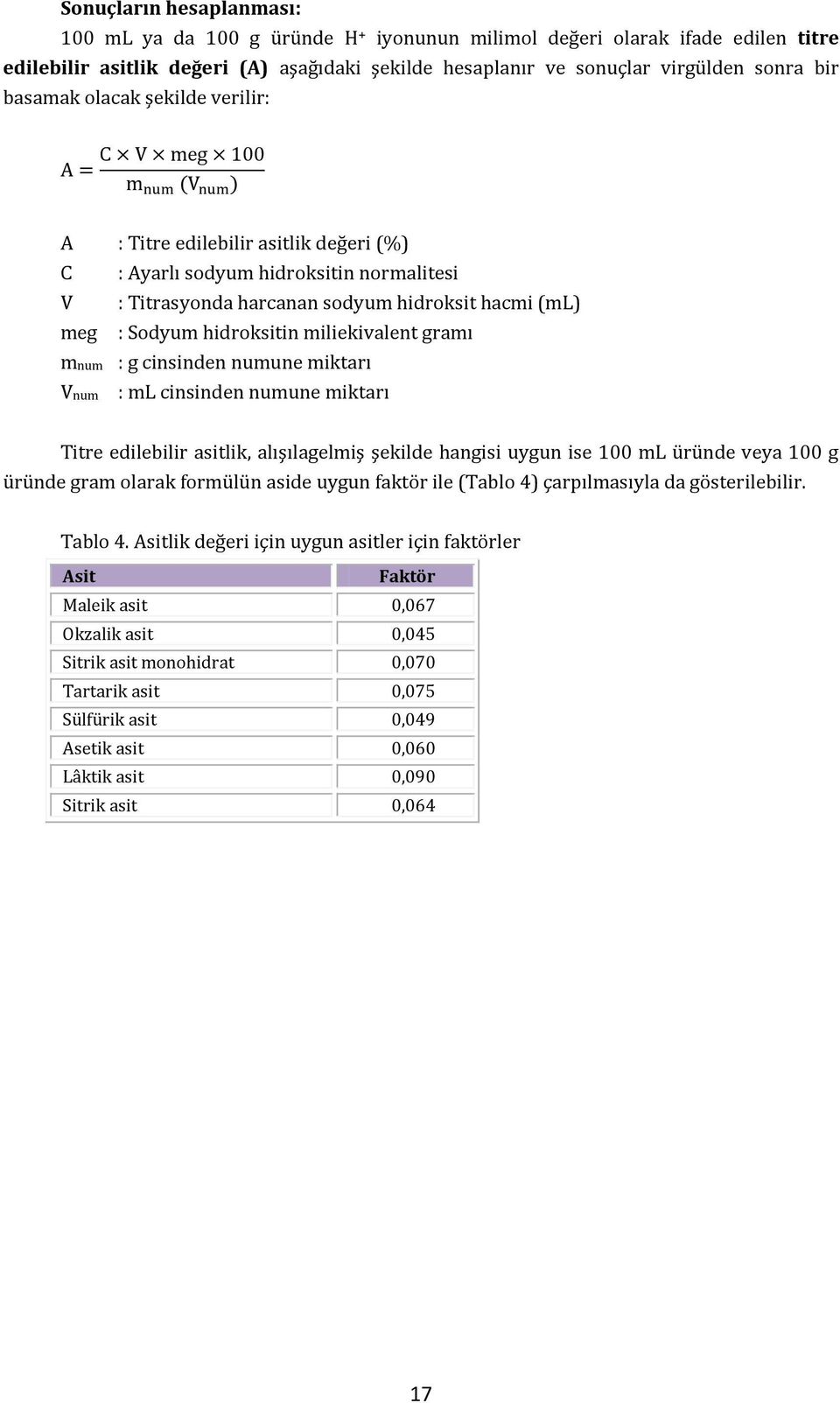 meg : Sodyum hidroksitin miliekivalent gramı mnum : g cinsinden numune miktarı Vnum : ml cinsinden numune miktarı Titre edilebilir asitlik, alışılagelmiş şekilde hangisi uygun ise 100 ml üründe veya