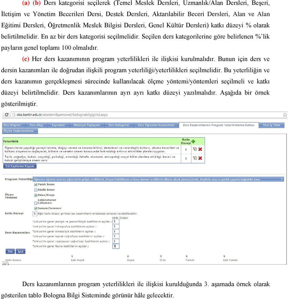 Seçilen ders kategorilerine göre belirlenen % lik payların genel toplamı 100 olmalıdır. (c) Her ders kazanımının program yeterlilikleri ile ilişkisi kurulmalıdır.