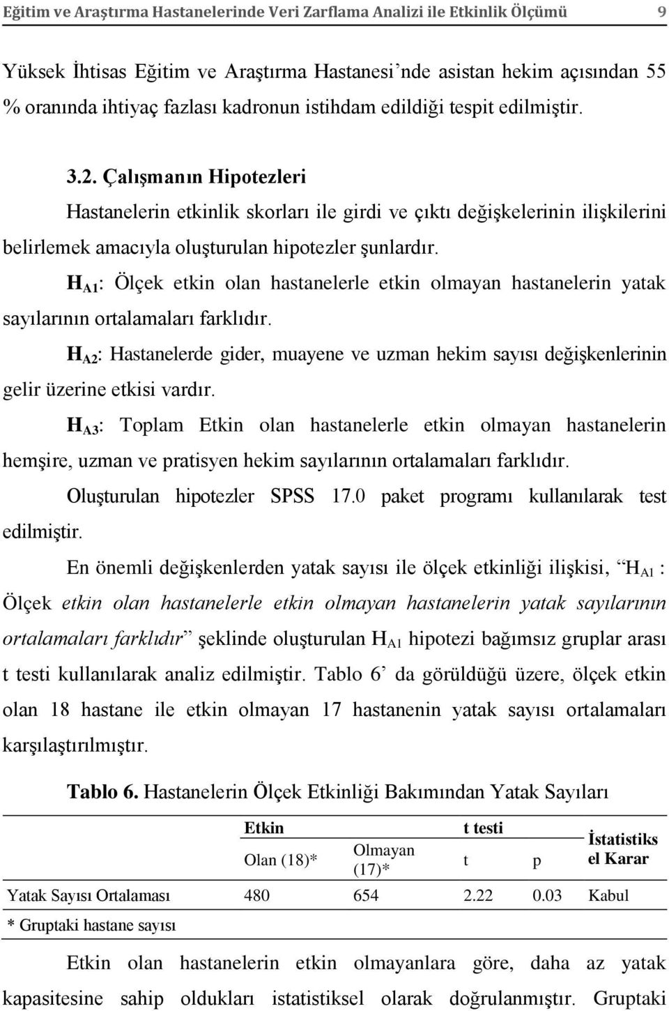 H A1 : Ölçek etkin olan hastanelerle etkin olmayan hastanelerin yatak sayılarının ortalamaları farklıdır.