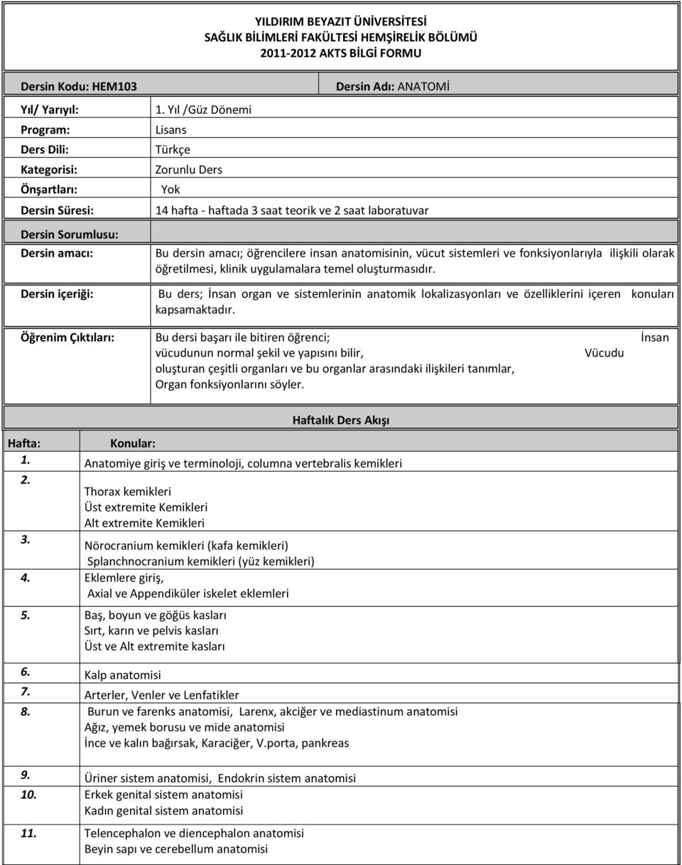 fonksiyonlarıyla ilişkili olarak öğretilmesi, klinik uygulamalara temel oluşturmasıdır. Bu ders; İnsan organ ve sistemlerinin anatomik lokalizasyonları ve özelliklerini içeren konuları kapsamaktadır.