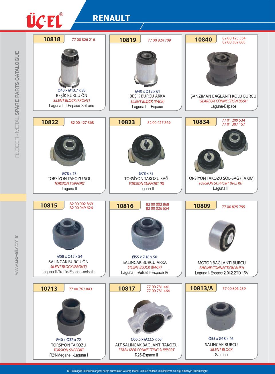 II-Traffic-Espace-Velsatis 10823 Ø40 x Ø12 x 61 BEŞİK BURCU ARKA (BACK) Laguna I-II-Espace 82 00 427 869 Ø78 x 73 TORSİYON TAKOZU SAĞ TORSION SUPPORT (R) Laguna II 10816 82 00 002 868 82 00 026 654