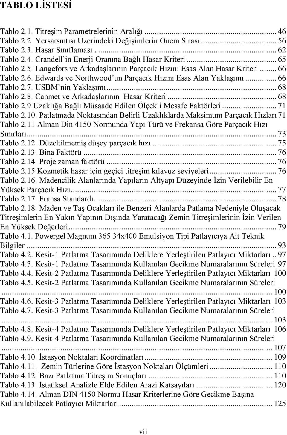 .. 68 Tablo 2.8. Canmet ve Arkadaşlarının Hasar Kriteri... 68 Tablo 2.9.Uzaklığa Bağlı Müsaade Edilen Ölçekli Mesafe Faktörleri... 71 Tablo 2.10.