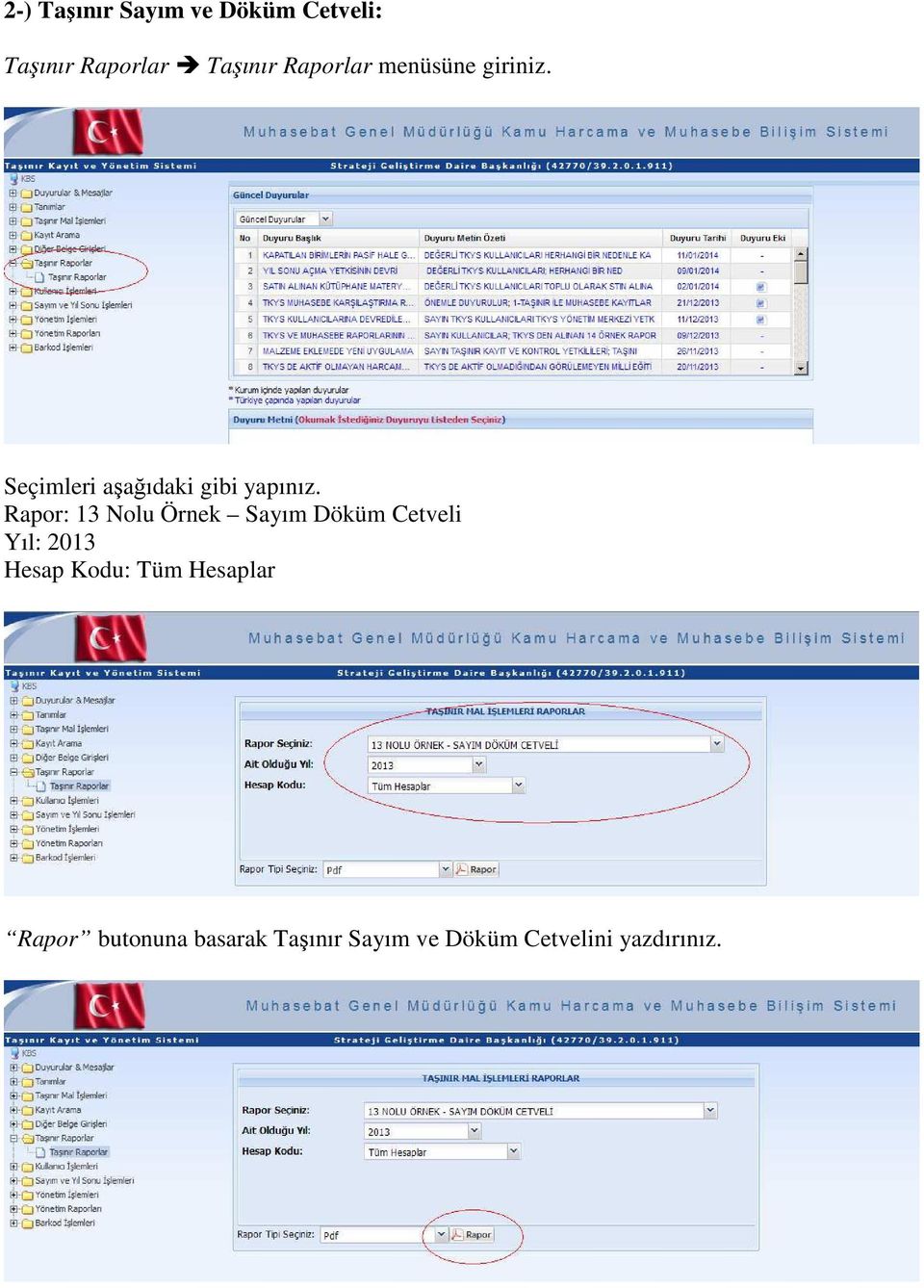 Rapor: 13 Nolu Örnek Sayım Döküm Cetveli Yıl: 2013 Hesap Kodu: Tüm