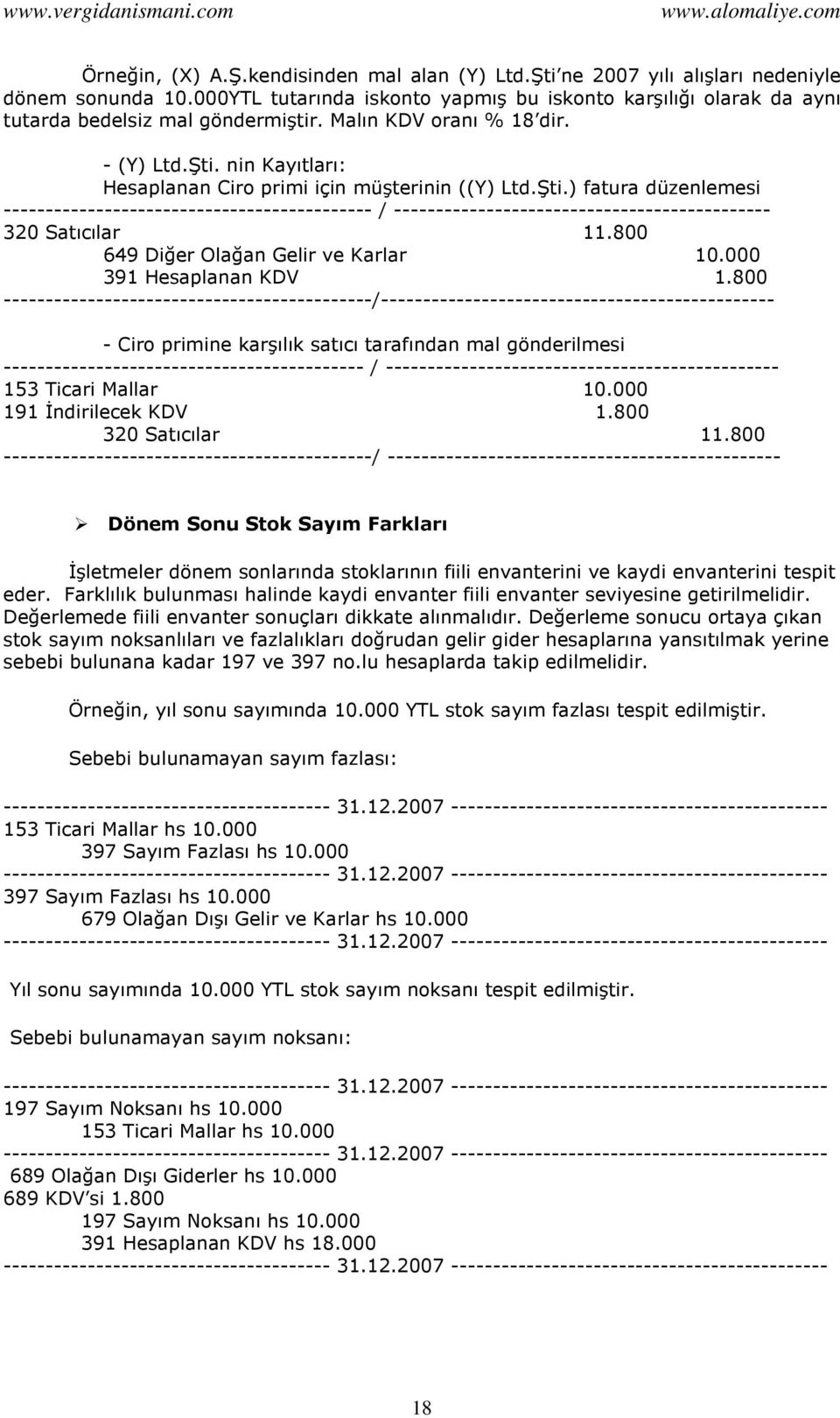 nin Kayıtları: Hesaplanan Ciro primi için müşterinin ((Y) Ltd.Şti.) fatura düzenlemesi -------------------------------------------- / --------------------------------------------- 320 Satıcılar 11.