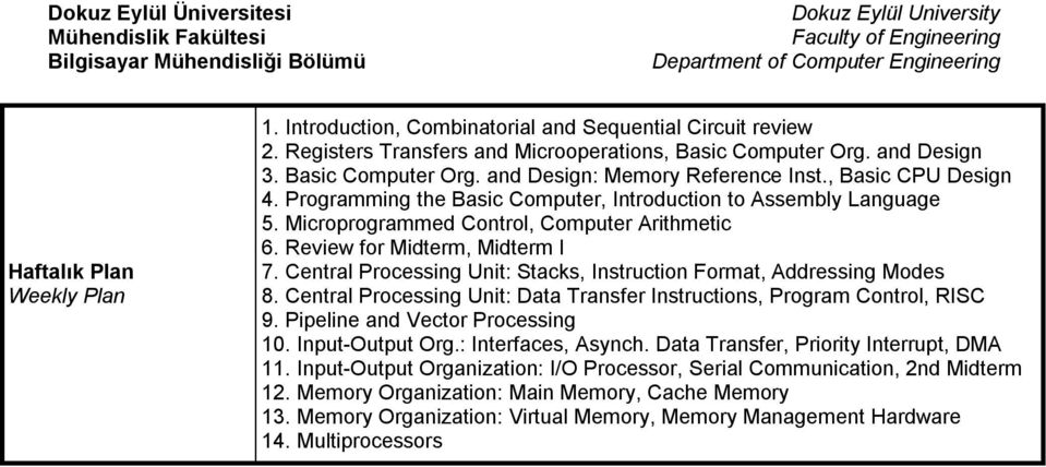 Central Processing Unit: Stacks, Instruction Format, Addressing Modes 8. Central Processing Unit: Data Transfer Instructions, Program Control, RISC 9. Pipeline and Vector Processing 10.