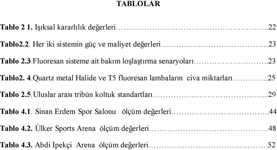 Quartz metal Halide ve T5 fluoresan lambaların civa miktarları..25 Tablo 2.5.Uluslar arası tribün koltuk standartları.