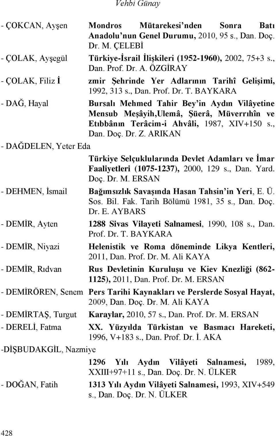 rihî Gelişimi, 1992, 313 s., Dan. Prof. Dr. T. BAYKARA - DAĞ, Hayal Bursalı Mehmed Tahir Bey in Aydın Vilâyetine Mensub Meşâyih,Ulemâ, Şüerâ, Müverrıhîn ve Etıbbânın Terâcim-i Ahvâli, 1987, XIV+150 s.