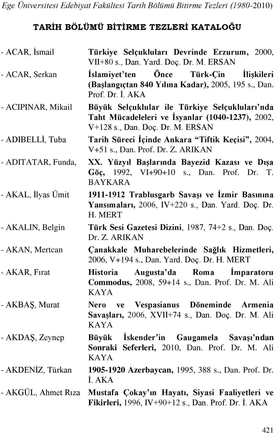 , Dan. Doç. Dr. M. ERSAN - ADIBELLİ, Tuba Tarih Süreci İçinde Ankara Tiftik Keçisi, 2004, V+51 s., Dan. Prof. Dr. Z. ARIKAN - ADITATAR, Funda, XX.