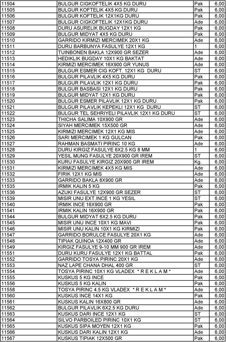 6,00 11513 HEDIKLIK BUGDAY 10X1 KG BAKTAT Ade 6,00 11514 KIRMIZI MERCIMEK 16X900 GR YUNUS Ade 6,00 11515 BULGUR ESMER CIG KOFT.