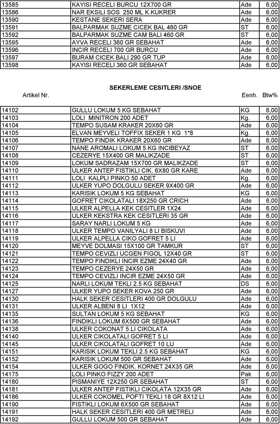 RECELI 700 GR BURCU Ade 6,00 13597 BURAM CICEK BALI 290 GR TUP Ade 6,00 13598 KAYISI RECELI 360 GR SEBAHAT Ade 6,00 SEKERLEME CESITLERI /SNOE Artikel Nr. Eenh.