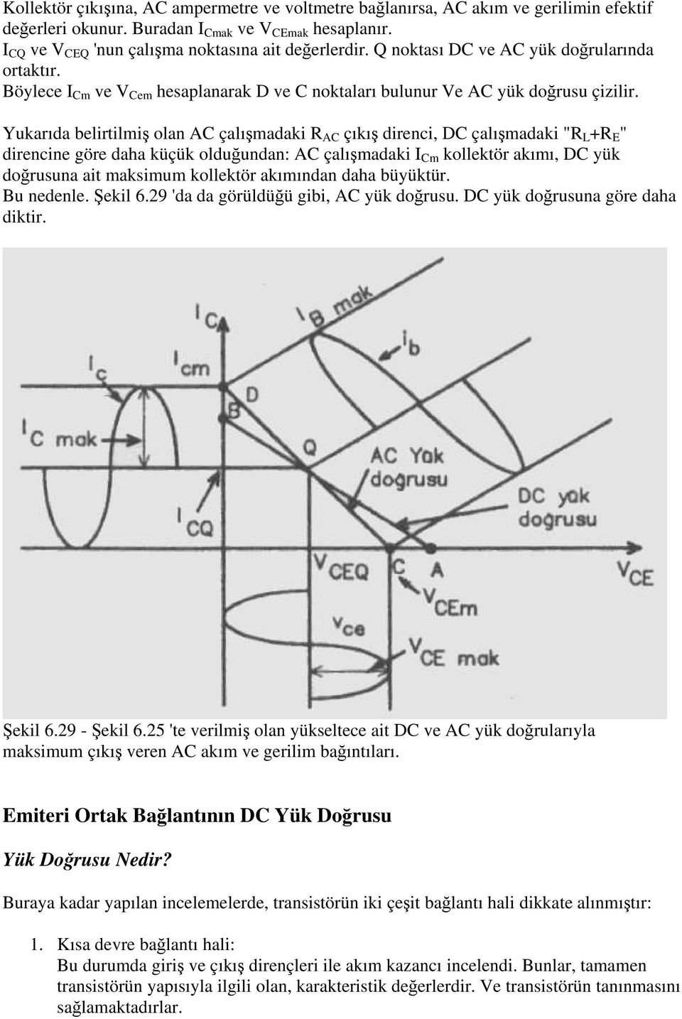 Yukarıda belirtilmiş olan AC çalışmadaki R AC çıkış direnci, DC çalışmadaki "R L +R E " direncine göre daha küçük olduğundan: AC çalışmadaki I Cm kollektör akımı, DC yük doğrusuna ait maksimum