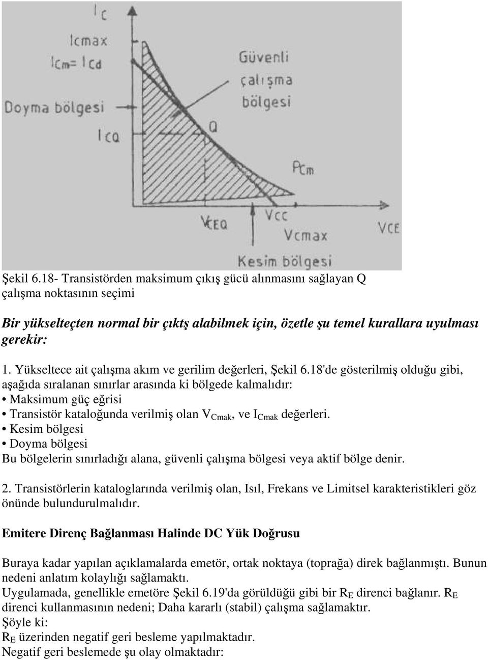 18'de gösterilmiş olduğu gibi, aşağıda sıralanan sınırlar arasında ki bölgede kalmalıdır: Maksimum güç eğrisi Transistör kataloğunda verilmiş olan V Cmak, ve I Cmak değerleri.