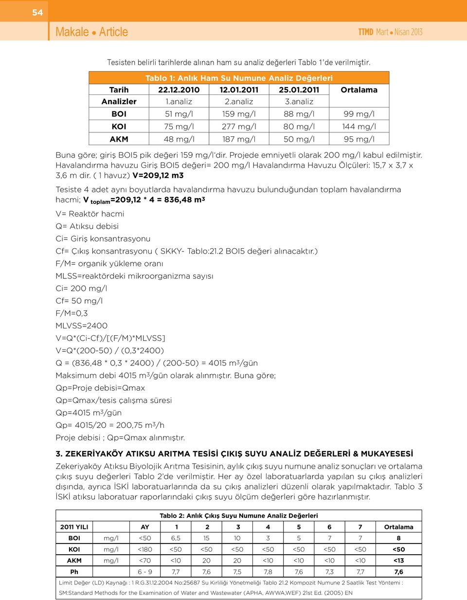 Projede emniyetli olarak 200 mg/l kabul edilmiştir. Havalandırma havuzu Giriş BOI5 değeri= 200 mg/l Havalandırma Havuzu Ölçüleri: 15,7 x 3,7 x 3,6 m dir.