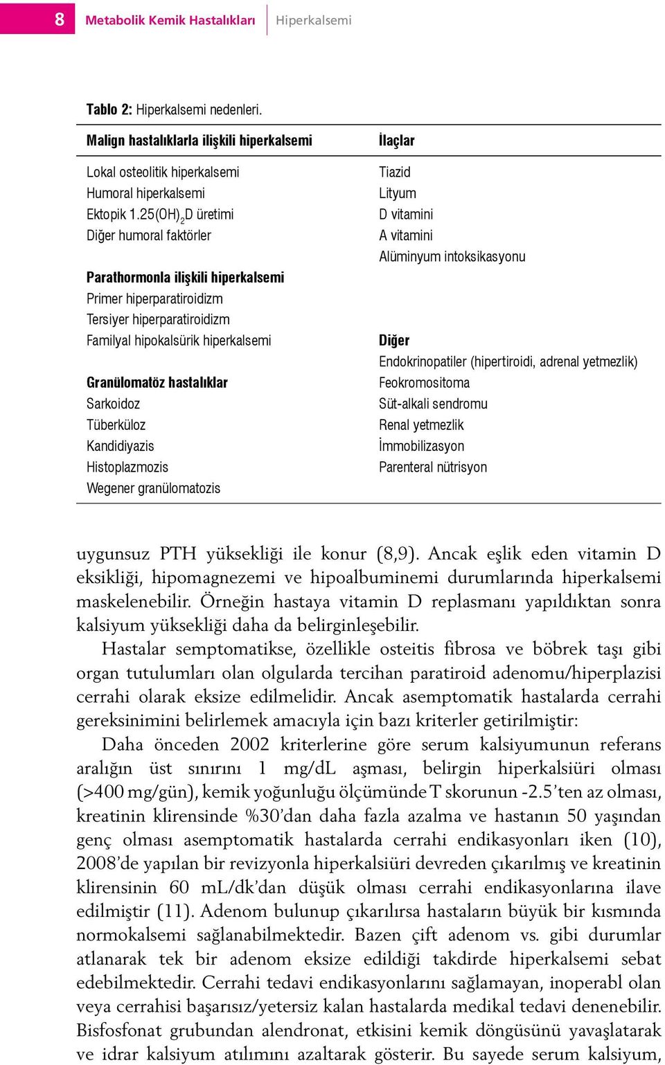 Sarkoidoz Tüberküloz Kandidiyazis Histoplazmozis Wegener granülomatozis İlaçlar Tiazid Lityum D vitamini A vitamini Alüminyum intoksikasyonu Diğer Endokrinopatiler (hipertiroidi, adrenal yetmezlik)