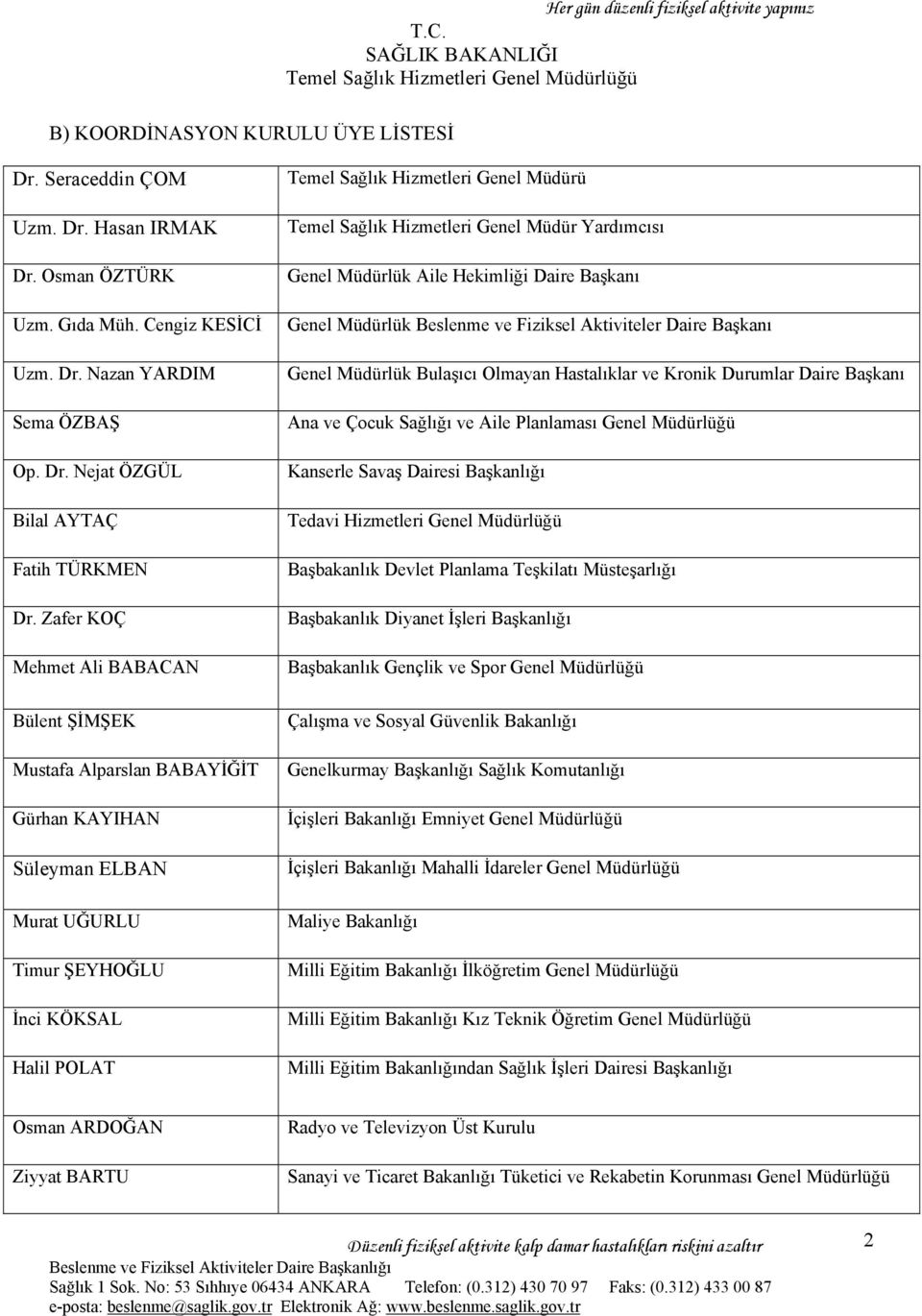 Müdürlük Aile Hekimliği Daire Başkanı Genel Müdürlük Beslenme ve Fiziksel Aktiviteler Daire Başkanı Genel Müdürlük Bulaşıcı Olmayan Hastalıklar ve Kronik Durumlar Daire Başkanı Ana ve Çocuk Sağlığı