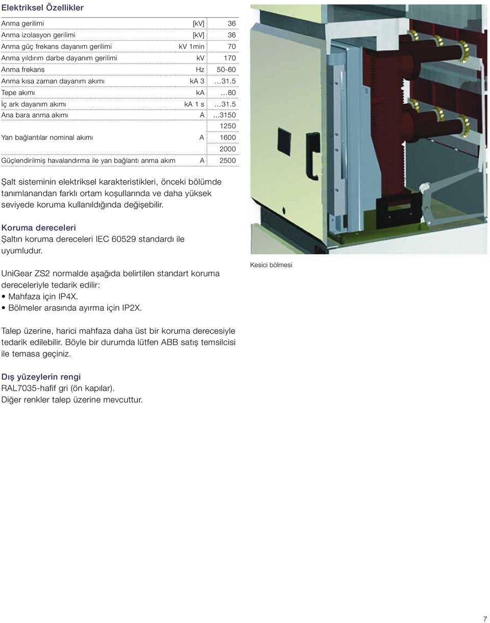 ..3150 Yan bağlantılar nominal akımı A 1250 1600 2000 Güçlendirilmiş havalandırma ile yan bağlantı anma akım A 2500 Şalt sisteminin elektriksel karakteristikleri, önceki bölümde tanımlanandan farklı