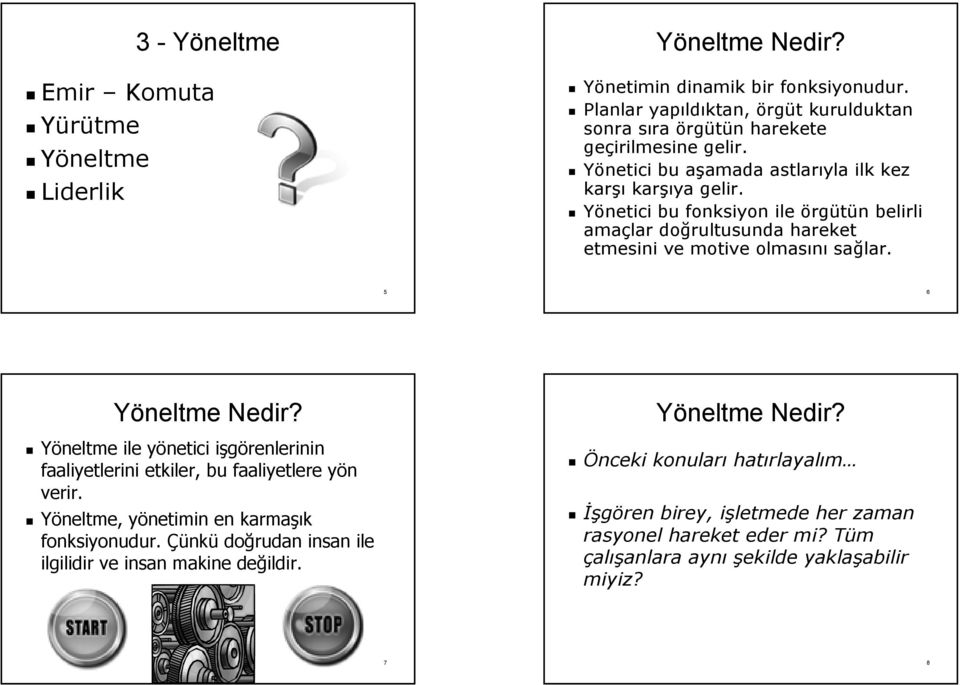 Yönetici bu fonksiyon ile örgütün n belirli amaçlar doğrultusunda hareket etmesini ve motive olmasını sağlar. 5 6 Yöneltme Nedir?