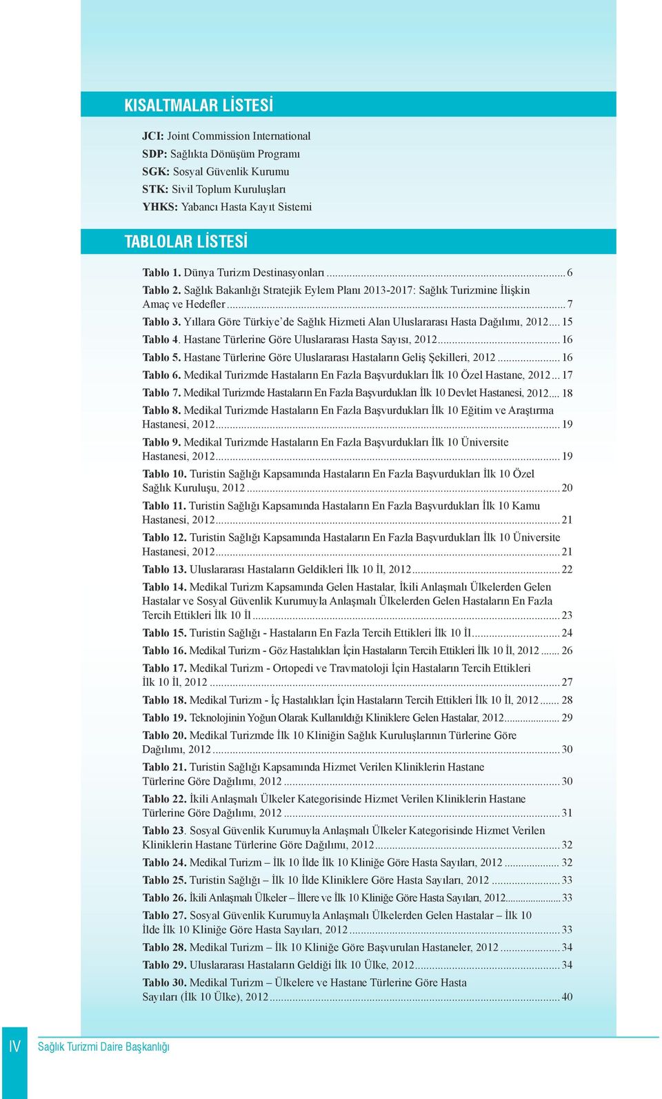 Yıllara Göre Türkiye de Sağlık Hizmeti Alan Uluslararası Hasta Dağılımı, 2012...15 Tablo 4. Hastane Türlerine Göre Uluslararası Hasta Sayısı, 2012...16 Tablo 5.