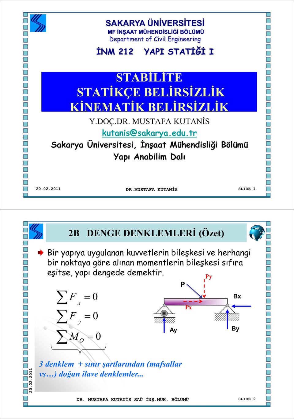 MUSTAFA KUTANİS SLIDE 1 2B DENGE DENKLEMLERİ (Özet) Bir yapıya uygulanan kuvvetlerin bileşkesi ve herhangi bir noktaya göre alınan momentlerin bileşkesi