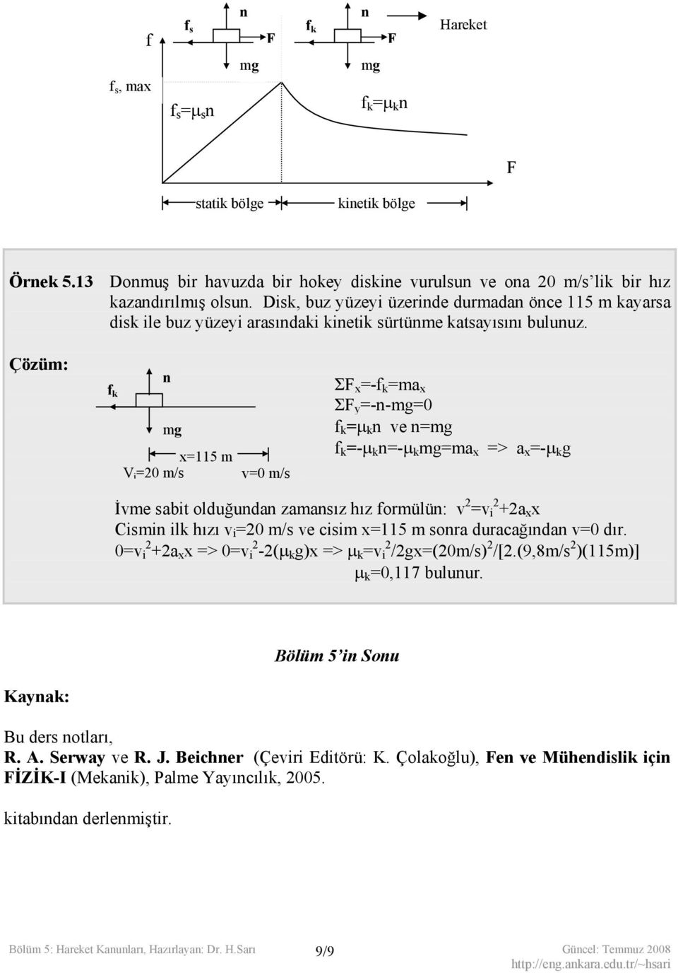 Çözüm: f k x=115 m V i =20 m/s v=0 m/s Σ x =-f k =ma x Σ y =--=0 f k =μ k ve = f k =-μ k =-μ k =ma x => a x =-μ k g İvme sabit olduğuda zamasız hız formülü: v 2 =v i 2 +2a x x Cismi ilk hızı v i =20